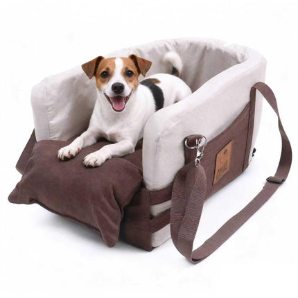 JZXOIVA Console Dog Car Seat & Travel Bed for Small/Medium Dogs, Booster Dog Car Seat with Safety Tether, Non-Slip Base, Washable Cover, Front or Back Seat Pet Carrier Bed, Brown