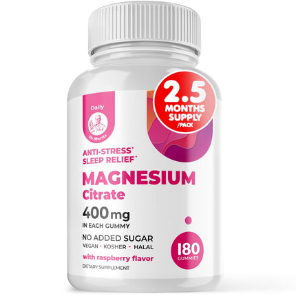 Dr. Moritz Magnesium Gummies for Adults - Low-Sugar 400 mg - Supports restful Sleep- Easy to Chew Adult and Kids Magnesium Citrate Gummies (180 Count) - Raspberry Flavored