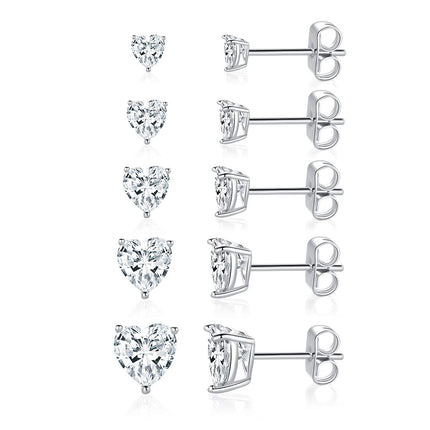 MDFUN 18K White Gold Plated Heart Stud Earrings for Women,5 Pairs