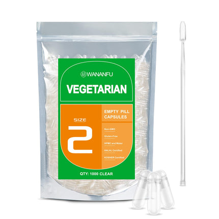 wananfu Size 2 Empty Capsules Vegetarian (1000 Count) Bundle with 2 Micro Lab Spoons, Clear Fillable Veggie Pill Capsules Size 2 for Making Your Own Supplements