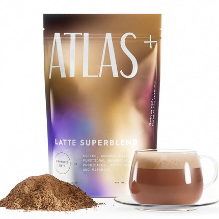 Atlas+ Latte Mushroom Coffee Superblend– Premium Coffee with Collagen, Probiotics, D3 & B12, Lion’s Mane, Reishi, Cordyceps, Coconut– for Energy, Focus, Immunity & Gut Health– 20 Servings (1 Bag)