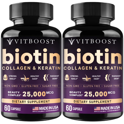 Vitboost Biotin with Hyaluronic Acid, Collagen and Keratin – 25000 mcg Hair Growth Vitamins for Men and Women – Nails and Skin, USA Made - Third Party Tested, B1, B2, B3, B6, B7 Complex - 120 Capsules