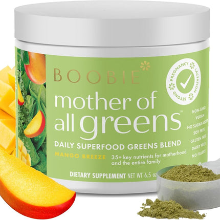 Boobie Pregnancy & Breastfeeding Superfood Greens Powder | Safe for Nursing Moms | 35+ Nutrients for Prenatal, Postpartum & Family Nutrition | Vegan, Gluten Free, Sugar Free | Mango Breeze, 30 Svgs