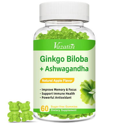 Vazatisi Ginkgo Biloba Gummies 240mg with Panax Ginseng for Better Mood and Focus, Booster Brain Health, 60 Vegan Apple Flavor Gummies