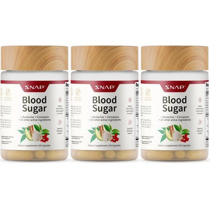 Snap Supplements Blood Sugar Blend with Berberine, CoQ10, Cinnamon, and Gymnema to Support Already Healthy Blood Sugar, Metabolic Health and Energy, Sugar Free, 60 Capsules 3-Pack (Packaging May Vary)