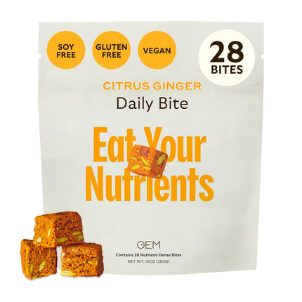 GEM Daily Bite for Women & Men, with 20+ Vitamins, Minerals & Superfoods Like Zinc, Vitamin D, B-Complex, K, Turmeric, Fiber & Prebiotics, Beta Glucan GLP-1 Support & Immunity (Citrus Ginger,28 count)