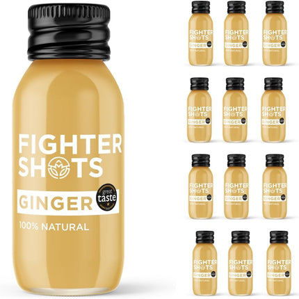 Fighter Shots Ginger (12x60ml) | Award Winning Fresh & Fiery Shots | 27g of Cold Pressed, Fresh Ginger Root for Immune Support | Boosts Energy | 100% Natural | No Nasties | A Perfect Pick Me Up