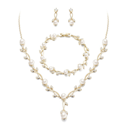 EVER FAITH Cubic Zirconia Pearl Leaf Wedding Jewelry Set for Bride Gold
