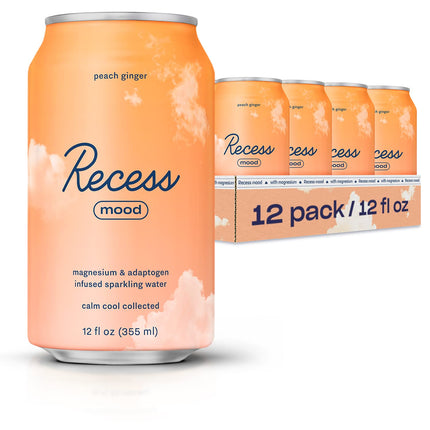 Recess Mood Magnesium & Adaptogen Drink, Relaxation Beverage, 12 Ounce (Peach Ginger, 12 Pack)