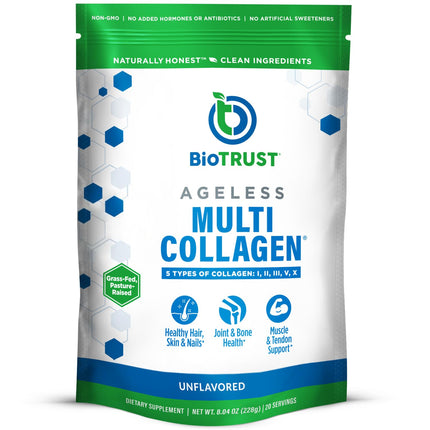 BioTrust Ageless Multi Collagen Peptides Powder - 5 Types (I, II, III, V, X) - Unflavored Collagen Powder for Women & Men - Hydrolyzed Protein - Grass Fed Beef, Fish, Chicken, Eggshell Membrane