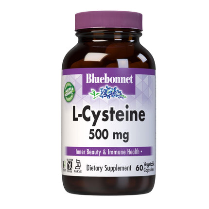 Bluebonnet Nutrition L-Cysteine 500mg, Free-Form Amino Acid, Promotes Healthy Skin, Hair and Nails, Soy-Free, Gluten-Free, Non-GMO, Kosher Certified, Vegan, White, 60 Vegetable Capsules