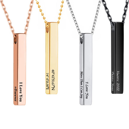 Xianofu Personalized 4 Sided Vertical Bar Necklace Custom Text Engraved 3D Bar Pendant Stainless Steel Coordinate Jewelry for Couples