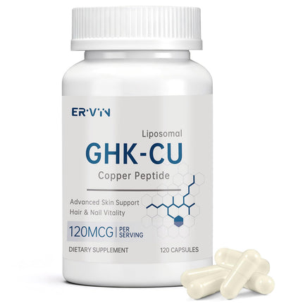 Erivyn GHK-Cu Copper Peptide Supplement 120mcg, Liposomal Formula, Supports Skin Elasticity & Hair Vitality, 120 Vegan Capsules, Non-GMO & Gluten-Free
