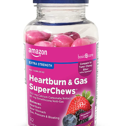 Amazon Basic Care Heartburn & Gas SuperChews Chewable Tablets, Fast-Acting Relief, Mixed Berry, 82 Count (Previously SoundHealth)