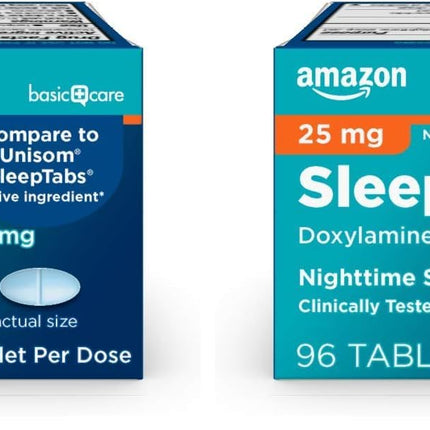 Amazon Basic Care Nighttime Sleep Aid Tablets for Adults, Doxylamine Succinate 25 mg, 96 Count (Pack of 2)