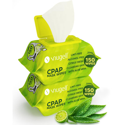 Snugell CPAP Mask Wipes – Soft Cotton with Aloe Vera, Lint & Alcohol Free – CPAP Cleaning Wipes for Masks, Tubes & Devices, Travel Size, 150 Count (Pack of 2) – Citrus Scent