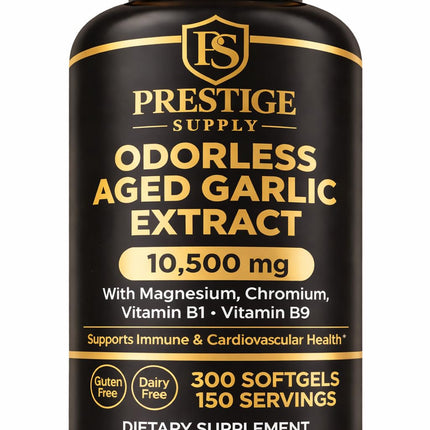 Prestige Supply 2026 Aged Garlic Extract, Odorless Garlic Supplements with Magnesium, Chromium, B1 & B9, Supports Immune Health & Heart Function & High Blood Pressure | 2 Years Matured | 300 Capsules