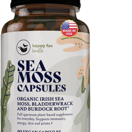 HAPPY FOX Irish Sea Moss Capsules with Burdock Root & Bladderwrack - Alternative to Seamoss Gummies or Powder, 90 Vegan Capsules, Made in USA