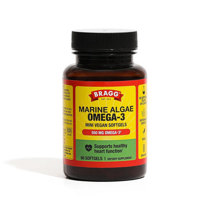 Bragg Omega-3 Supplement Capsules with DHA and EPA - 60 Vegan Softgels - Sustainably-Sourced Marine Algae - Supports Eye and Brain Health