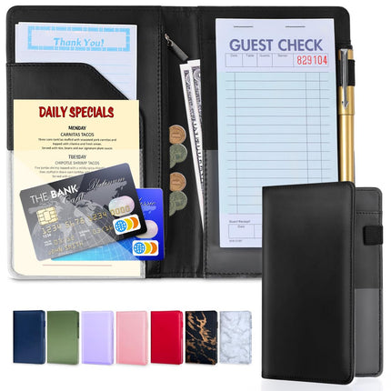 LINTRU Server Books for Waitress, Premium Pu Leather 5 x 8 Inch Servers Book with Zipper Pocket, Waitress Book Fit for Aprons, Check Presenters for Restaurants (Green)