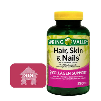Spring Valley Hair, Skin & Nails Caplets, 240 Count + STS Sticker.