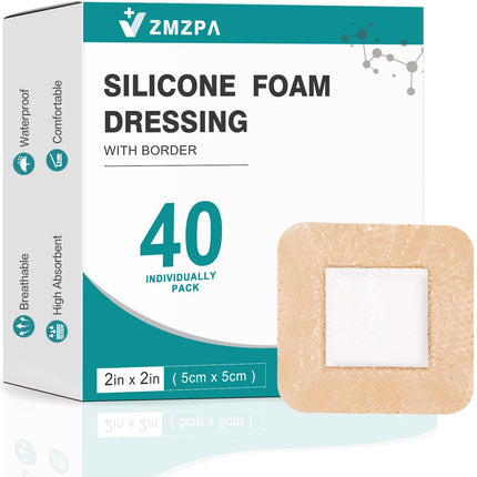 40 Pcs Silicone Foam Dressing 2x2 Gentle Border, Waterproof Silicone Bandages for Wounds Care, Bed Sore Patches, Super Absorbent Wound Dressing, Self Adhesive Pressure Sore Pads (40)