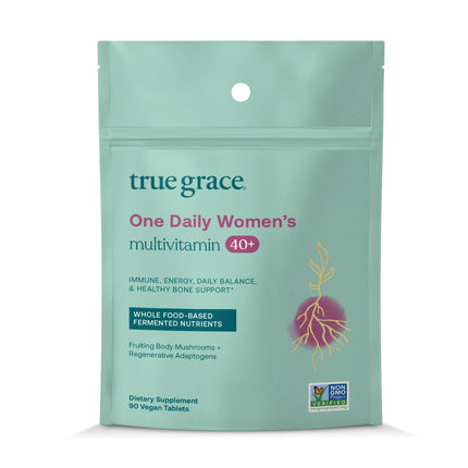 True Grace One Daily Women’s Multivitamin 40+ Fermented Minerals, Organic Adaptogens & Mushrooms Energy, Immune, Bone Support - Non-GMO - Iron, Gluten & Soy Free - 90 Vegan Tablets