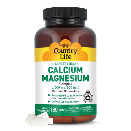 Country Life Target-Mins Calcium Magnesium Complex 1000mg/500mg, 180 Tablets, Certified Gluten Free, Vegan, Non-GMO Verified