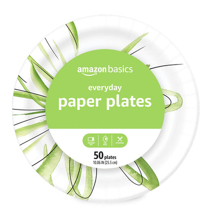 Amazon Basics Everyday Disposable Paper Plates, 10 Inch, Microwave-Safe, Cut Resistant, Soak-Proof, 50 Count