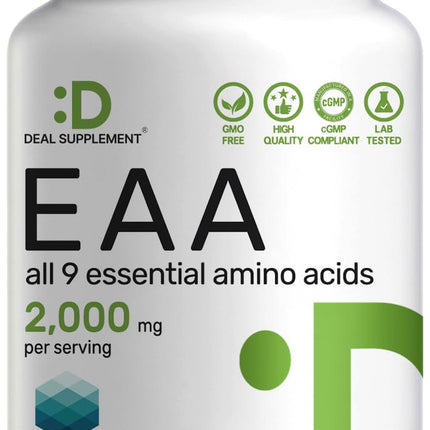 Essential Amino Acids (EAA) 2000mg Per Serving, 300 Capsules – Unflavored - 9 in 1, All BCAAs (Branched-Chain Aminos) – Lean Muscle Support & Natural Pre Workout Supplement