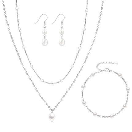 DIBOLA Silver Jewelry Set for Women Dainty Silver Layered Pearl Choker Necklaces and Earring Set Pearls Drop Earrings Pearl Bracelets Wedding Bride Jewelry