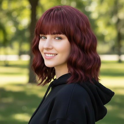 Wine Red Short Wavy Wigs with Bangs Burgundy Wig Shoulder Length 14Inch Synthetic Hair for Women Girl Colorful Cosplay Wig Synthetic Heat Resistant Fiber Hair for Daily Party Halloween(118A#WineRed)