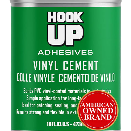 HOOK UP Vinyl Cement – Waterproof Pool Liner Repair Glue for Vinyl & PVC, Fast-Drying Flexible Contact Cement for Inflatables, Air Mattresses, Boats, Tarps, Hot Tubs & Pool Patch Repairs (16 oz)