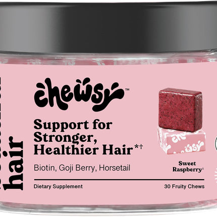 Chewsy - Beautiful Hair - Support for Stronger, Healthy Hair - with Biotin, Horsetail Extract, Goji Berry & Vitamins - Sweet Raspberry, 30-Day Supply