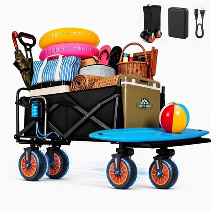 Sushar Electric Wagon Cart Foldable Heavy Duty with All Terrain Wheels, Power Assist Utility Wagon 340 lb Capacity Removable Battery for Beach Camping Garden, Black