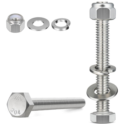 BNUOK (12 Sets) 1/4-20 x 4 Hex Head Screw Bolt,Lock Nuts,Flat & Lock Washers Kits,304 Stainless Steel 18-8,Fully Threaded
