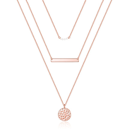 Turandoss Triple Layer Necklace for Women, Rose Pearl Bar Disc Pendant