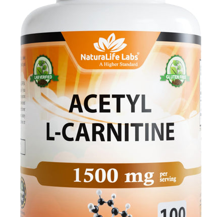 NaturaLife Labs Acetyl L-Carnitine (ALCAR) 1500 mg per Serving – 100 Capsules – Non-GMO, Gluten-Free, Vegan