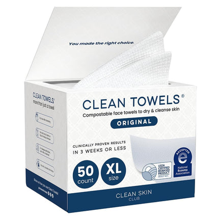 Clean Skin Club Clean Towels XL®, 100% USDA Biobased Face Towel, Disposable Face Towelette, Eczema Association Accepted, Makeup Remover Dry Wipes, Ultra Soft, 1 Pack, 50 Ct