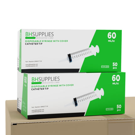 Bulk Case - BH Supplies 60mL Sterile Catheter Tip Syringes with covers, no needles - Individually Wrapped (300 Syringes, 6 Boxes, 50 Units Each)