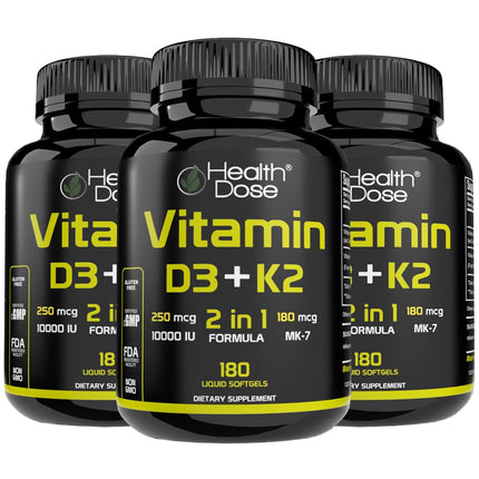 Health Dose Vitamin D3 10,000 IU + K2 (MK7) Supplement, 2-in-1 Formula, Immune Support, a Healthy Mood, Heart, Joint, Teeth, Bone Health, Calcium Absorption, 180 softgels. (3)