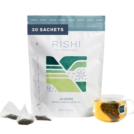 Rishi Tea Jasmine Chinese Green Tea - Organic Sachet Bags, Caffeinated with Floral Aroma & Taste - 30 Count
