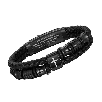 Christian Black Leather Bracelet for Men, Braided Leather Cross Adjustable