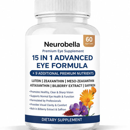 Neurobella Eye Formula - Neurobella 15 in 1 Advanced Eye Formula with All 3 Carotenoids, Lutein & Zeaxanthin, Bilberry Extract and Saffron, 60 Capsules