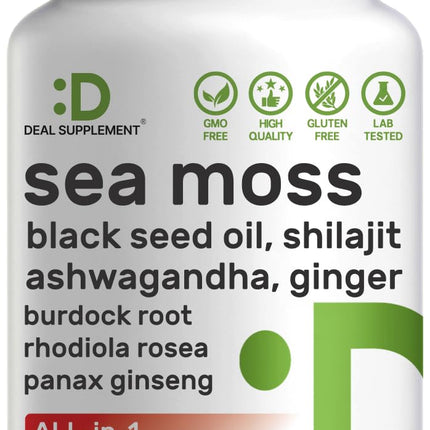 DEAL SUPPLEMENT Irish Sea Moss 240 Veggie Capsules – 14 Superfood Complex with Black Seed Oil, Ashwagandha, & Ginger