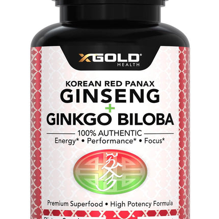 X Gold Health Korean Red Panax Ginseng + Ginkgo Biloba 7% Ginsenosides Extra Strength Energy, Memory, Focus & Brain Support Premium Supplement for Men & Women Non-GMO, 120 Vegan Capsules
