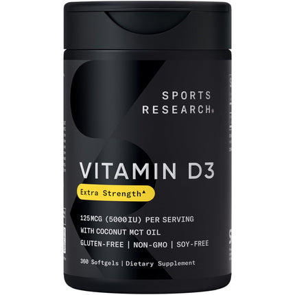 Sports Research® Vitamin D3 w/Coconut MCT Oil - High Potency Vitamin D3 5000iu (125mcg) Supplement for Immune & Bone Support - Seed Oil Free - Non-GMO - Gluten Free (360 Liquid Softgels)
