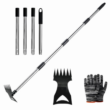 Weed Puller Tool 58" Telescoping, 2-in-1 Adjustable Manual Weeders Garden Hoe & Weed Rake, Long Handle Ergonomic Weeding Tool for Lawn, Garden & Yard Includes Work Gloves
