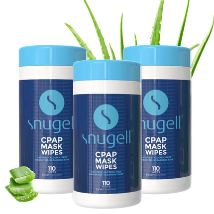 Snugell Unscented CPAP Mask Wipes – 110 Count (3-Pack) – 100% Soft Cotton – Lint & Alcohol Free – Skin-Safe Formula with Aloe Vera – Easy-to-Open Canister – For Cleaning CPAP Masks, Tubes, and Devices