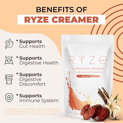 RYZE SUPERFOODS RYZE n Shine Bundle, USDA Organic Mushroom Medium Roast Coffee + Probiotic Coffee Creamer with 6 Adaptogenic Mushrooms for Better Energy, Focus, Digestion, Immunity, 30 + 30 Servings